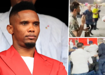 Samuel Eto’o filmed brutally kneeing a man in the face after Brazil’s World Cup clash with South Korea