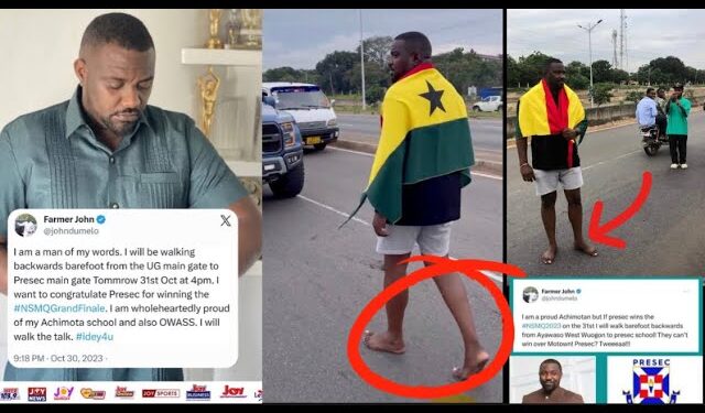 NSMQ 2023: John Dumelo walks barefoot backwards from UG to PRESEC