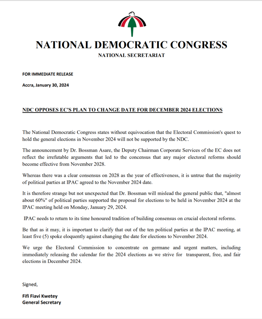 NDC Rejects EC's Proposal for November 2024 Elections