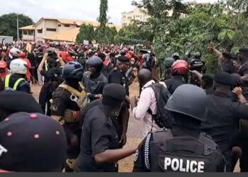 A nationwide demonstration organized by the National Democratic Congress (NDC) in protest against the Electoral Commission (EC) turned violent in Kumasi after police clashed with protesters at the Commission's regional office.